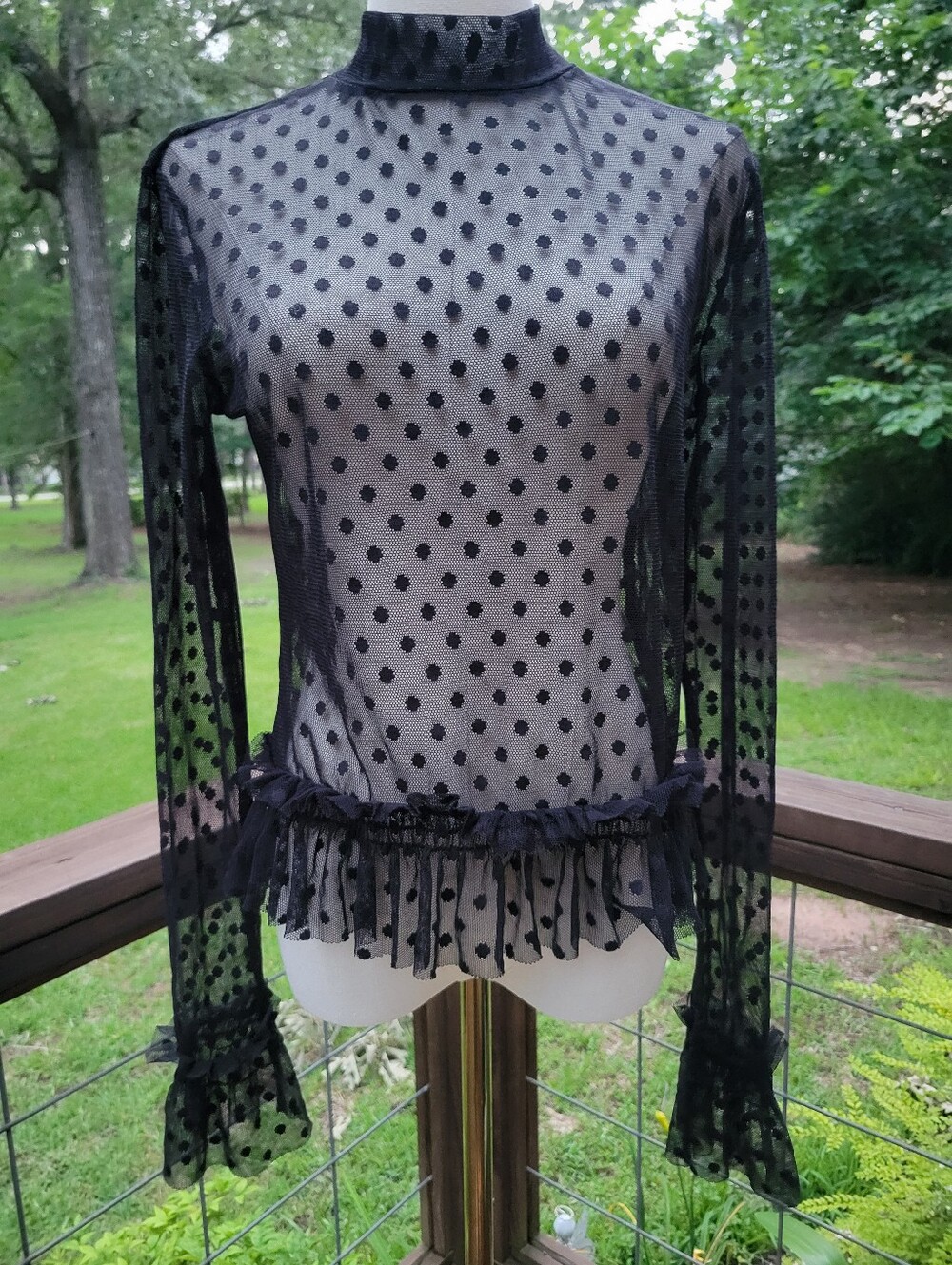 Black Polka Dot Mesh Ruffle Long-Sleeve Top